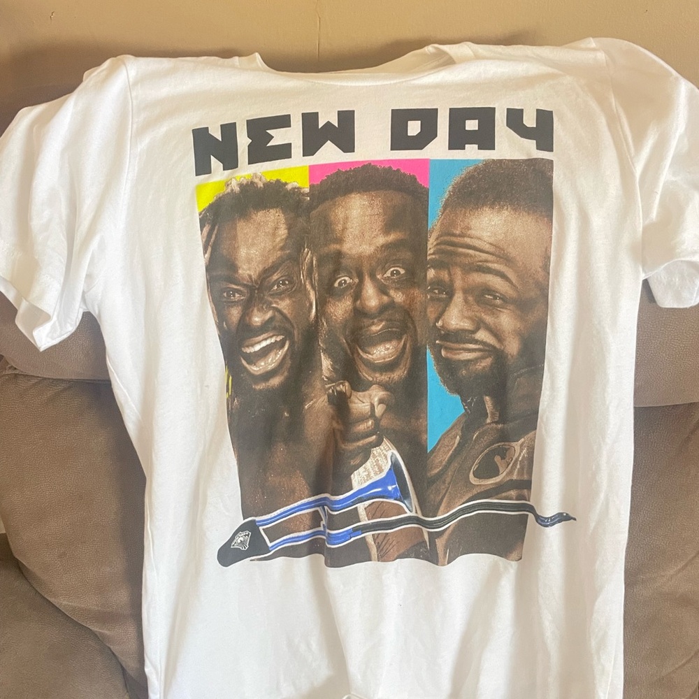 WWE New Day Graphic Tee - White with Yellow Pink Blue Accents